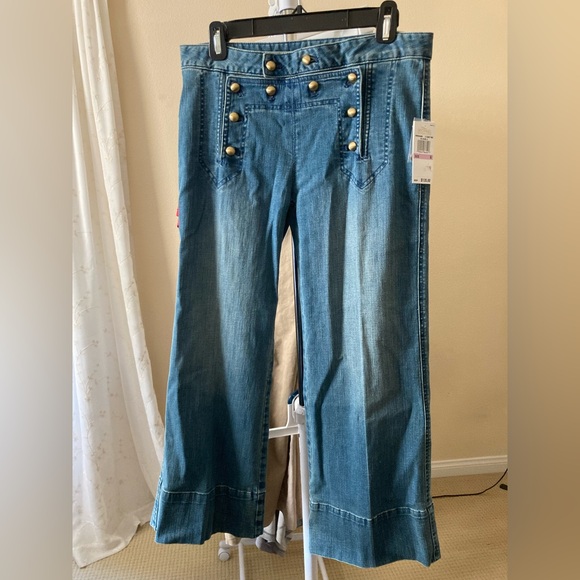 NWT Michael Kors gold buttons wide leg cropped sailor jeans Size 6 - Picture 5 of 6